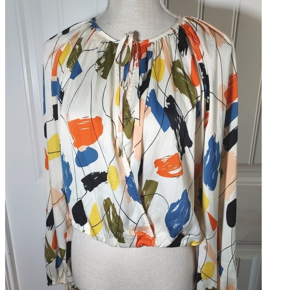 Hudson Gray Blouse Womens L Cream Abstract Brushstroke Tie Front Bubble Sleeve